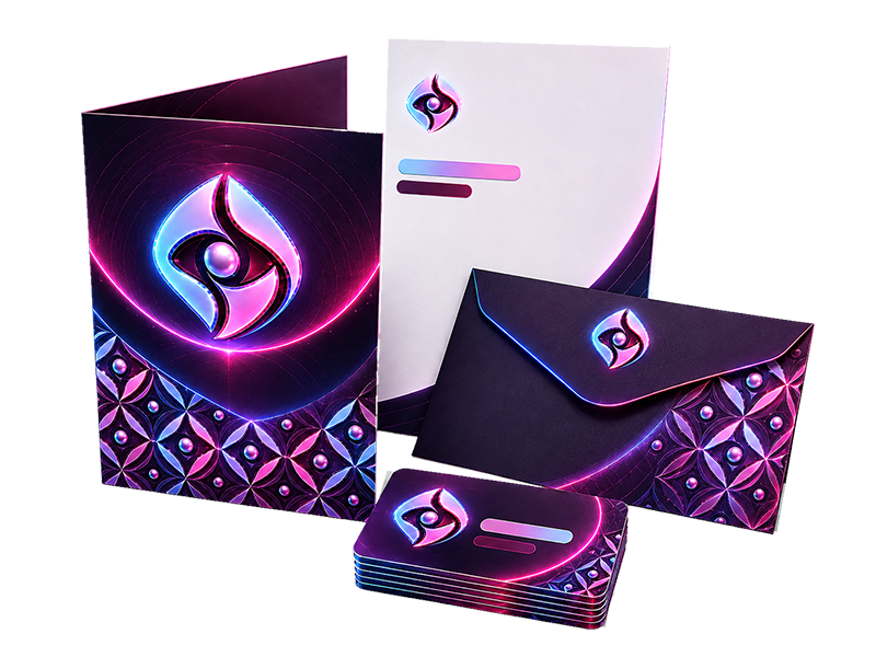 Fictional brand identity applied to printed business and promotional materials